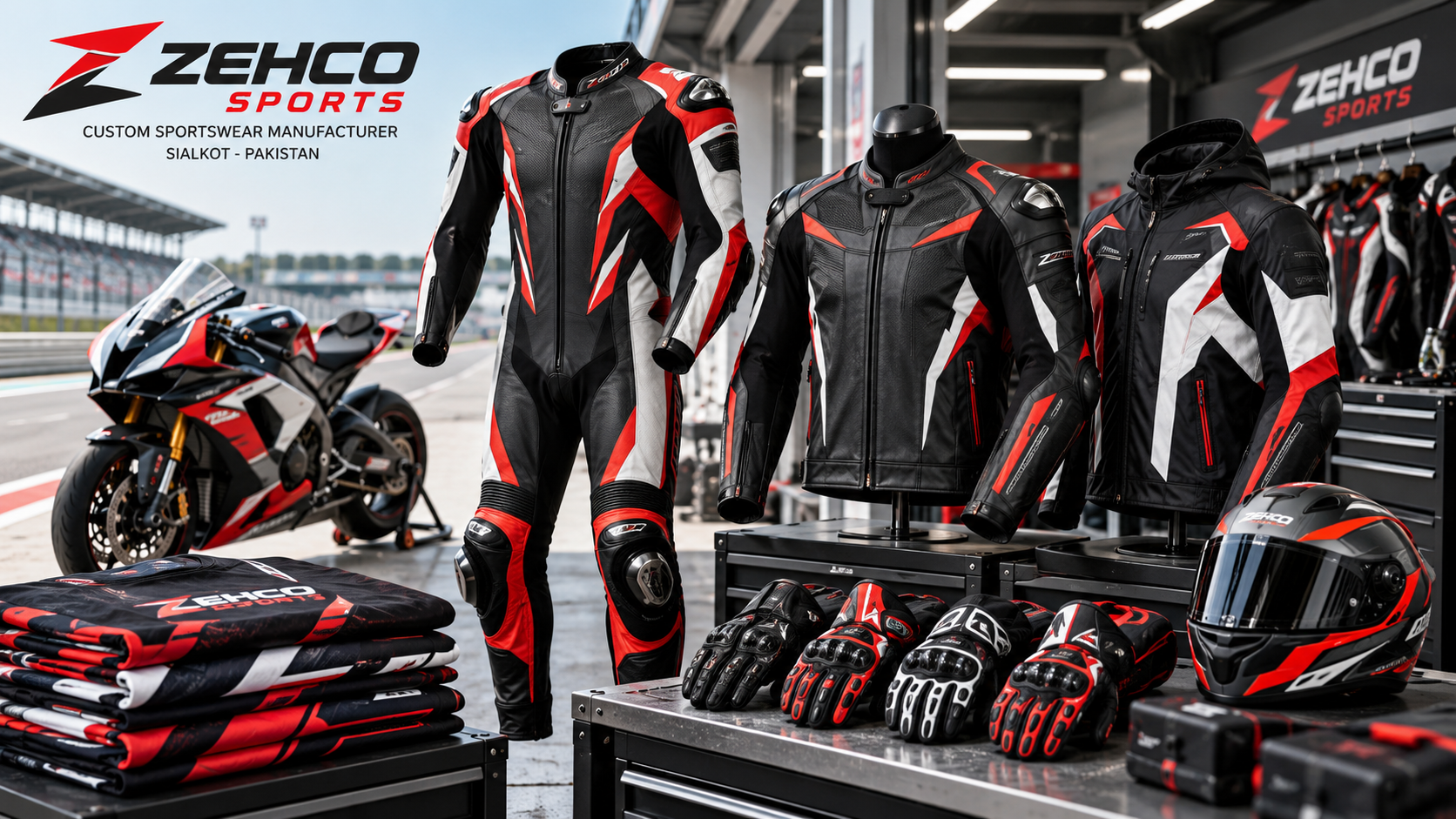 Premium black and red leather motorcycle racing gloves featuring reinforced palms, protective knuckle shells and precision stitching displayed inside a professional racing gear manufacturing workshop.